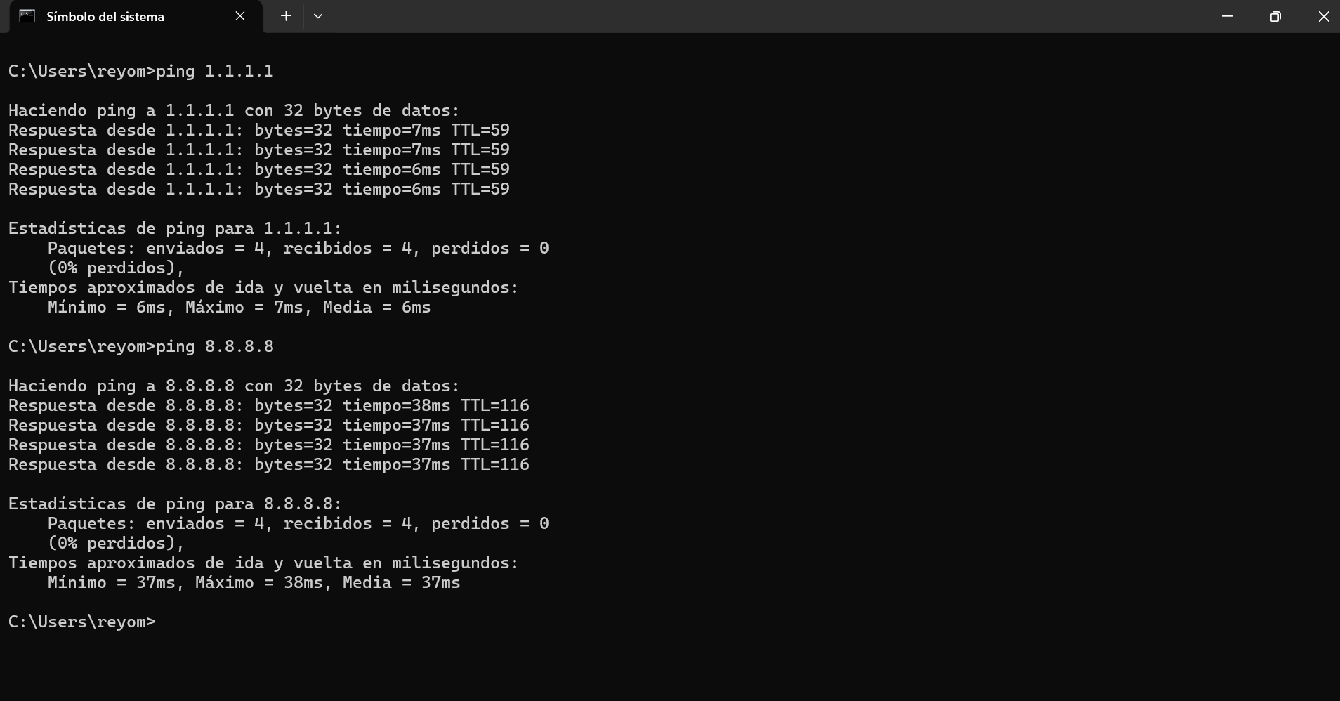 Consola CMD mostrando comparación de ping: Cloudflare 1.1.1.1 con media de 6 ms vs Google 8.8.8.8 con media de 37 ms