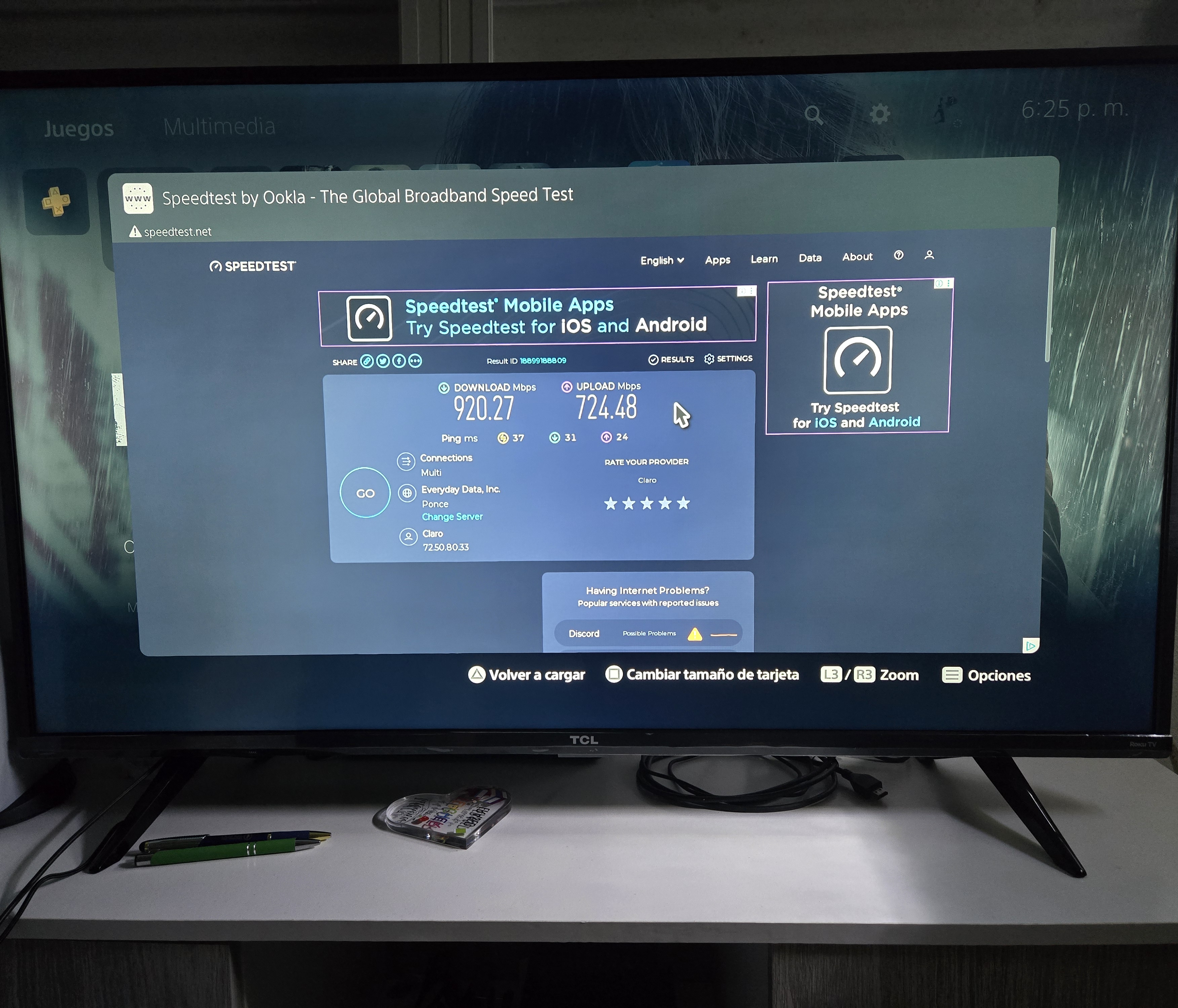 Resultado de Speedtest by Ookla en PS5 mostrando 920.27 Mbps de descarga y 724.48 Mbps de subida tras la optimización de red